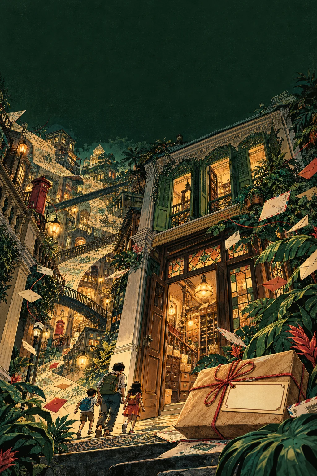 Illustrated cover: a parcel without an address, a secret Singapore post office and a family stepping into the story