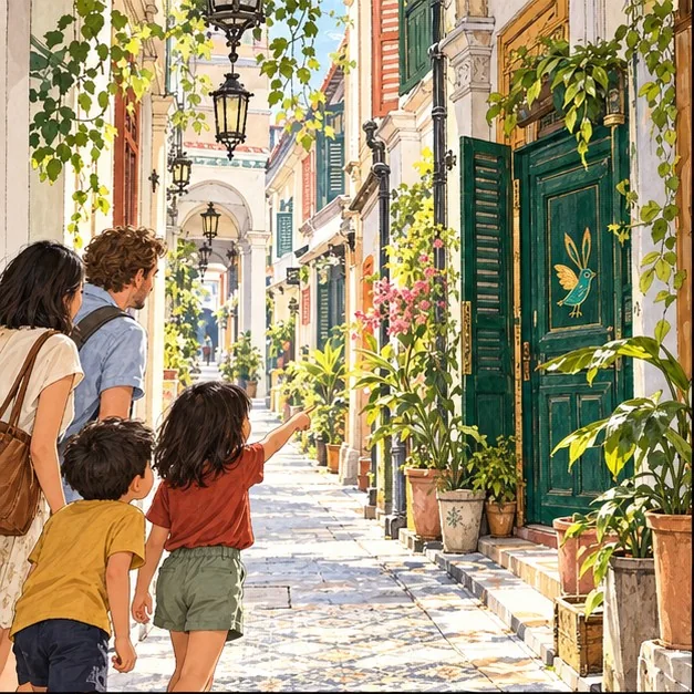A family following their child through a Singapore shophouse lane