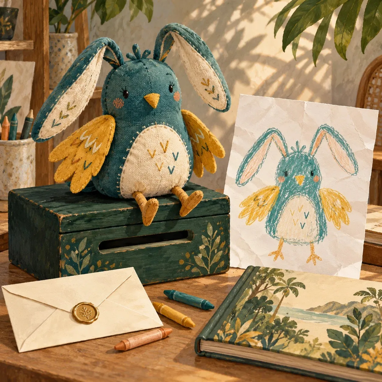 Concept illustration: a child’s drawing beside the handmade creature it inspired