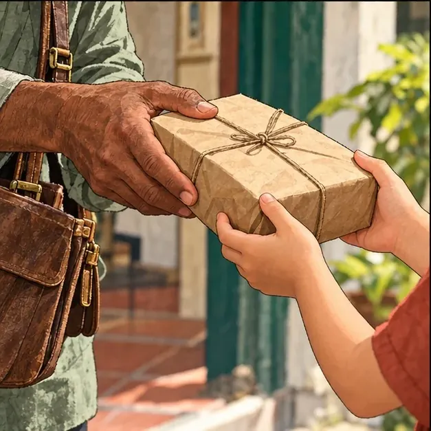 The Postmaster passing a string-tied parcel into a child’s hands