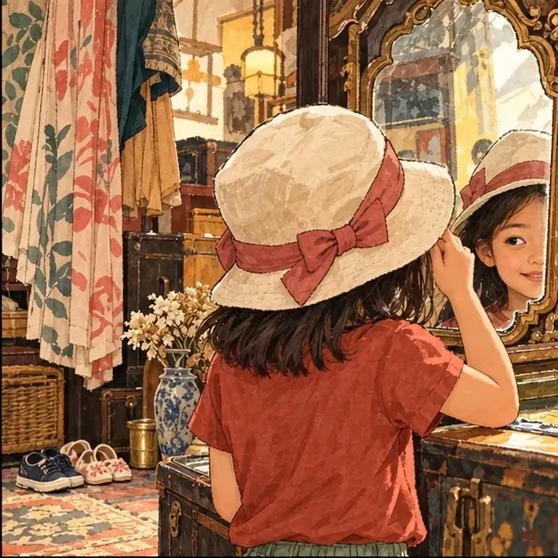 A child trying on a hat in an antique shop mirror