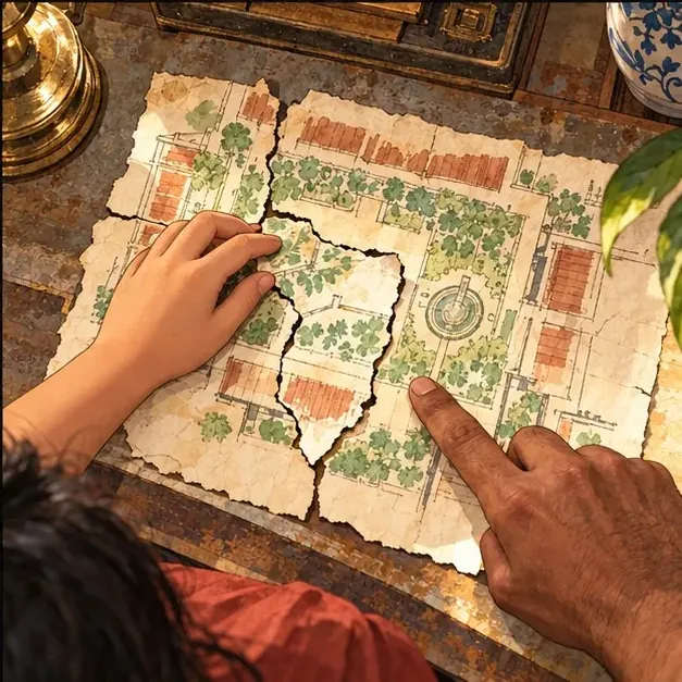 Family hands joining the pieces of a secret map