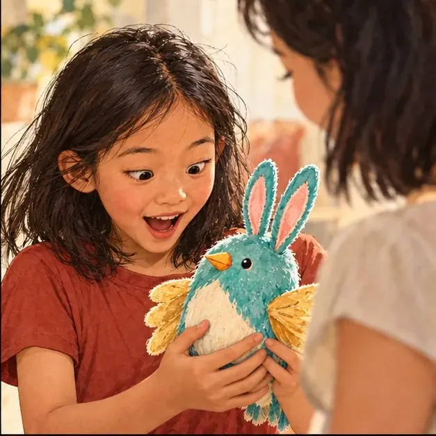A child opening the parcel and recognising the creature from their drawing