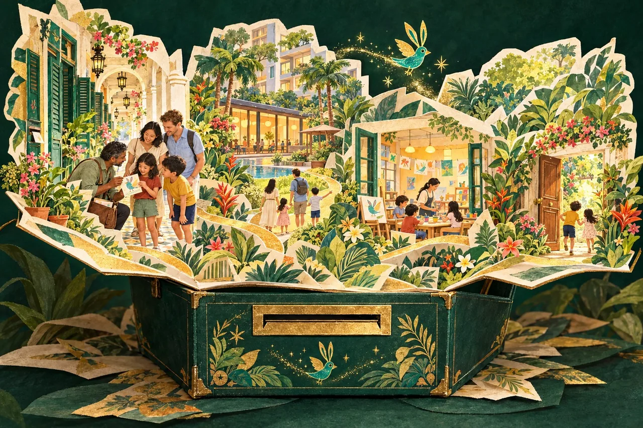 Concept illustration of a Singapore neighbourhood, condo courtyard and school unfolding from a story chest