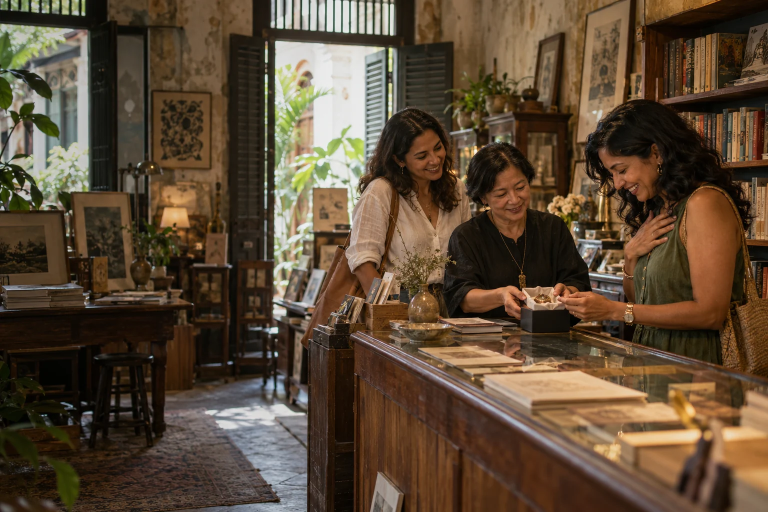 Concept scene of a birthday guest discovering a personal keepsake in a Singapore book and art shop