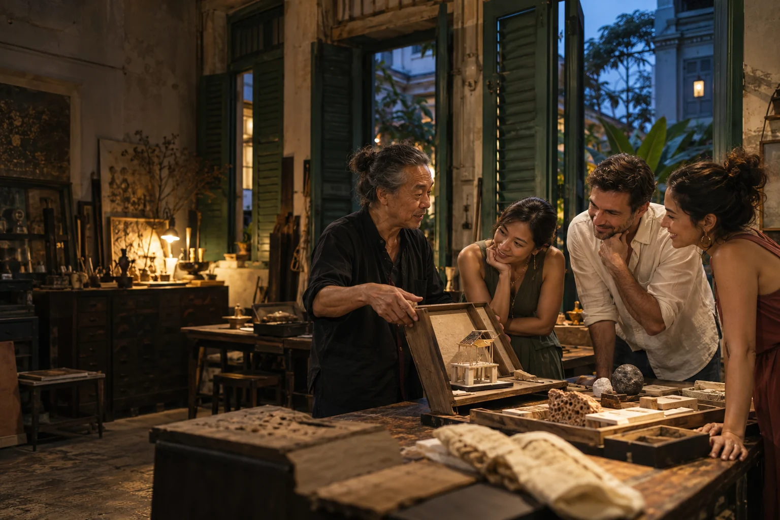 Concept scene of a small leadership group meeting a character in a Singapore creative workshop